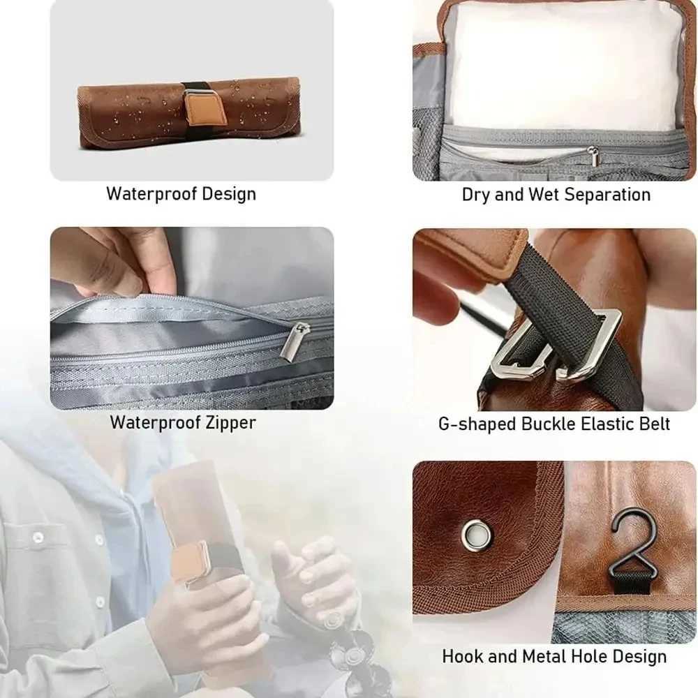 Toiletry Bag for Men Travel Organizer Hanging Bag WaterResistant Bathroom PU Leather Hygiene Bag Roll Up Dopp Kit Shaving BagW251021