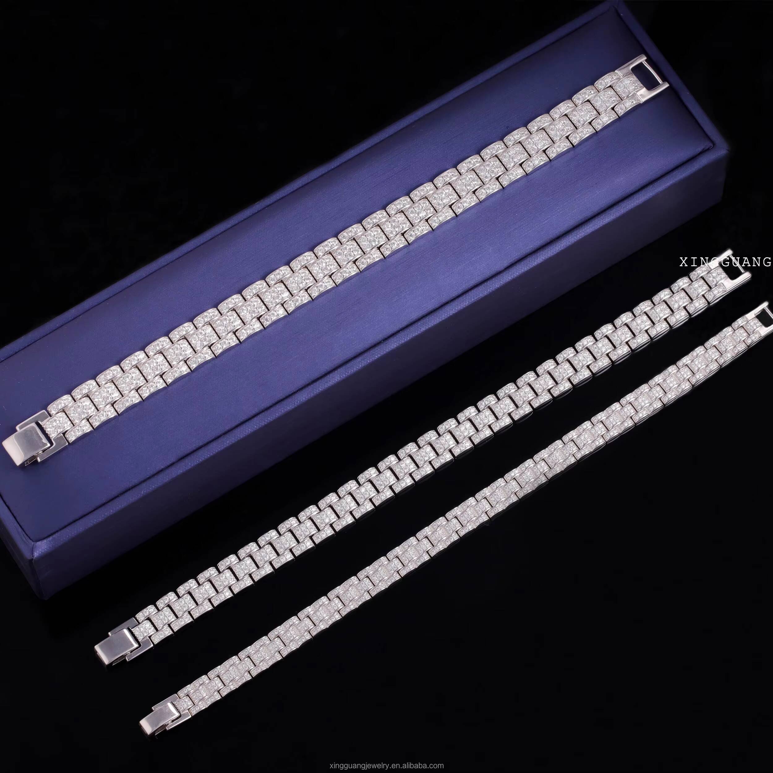 XingGuang Jewelry New Design Hip Hop Moissanite Bracelet Iced Out Diamond Pass Diamond Test Moissanite 925 Silver Cuabn Bracelet