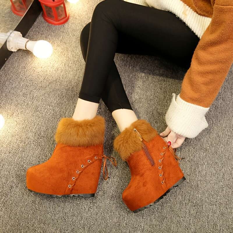 Women's Fashion Ankle Booties, Solid Color, Round Toe, Flat Heel, Fabric Upper, Inner & Insole, PVC Sole, With Faux Fur Trim, Hand Washable, For 