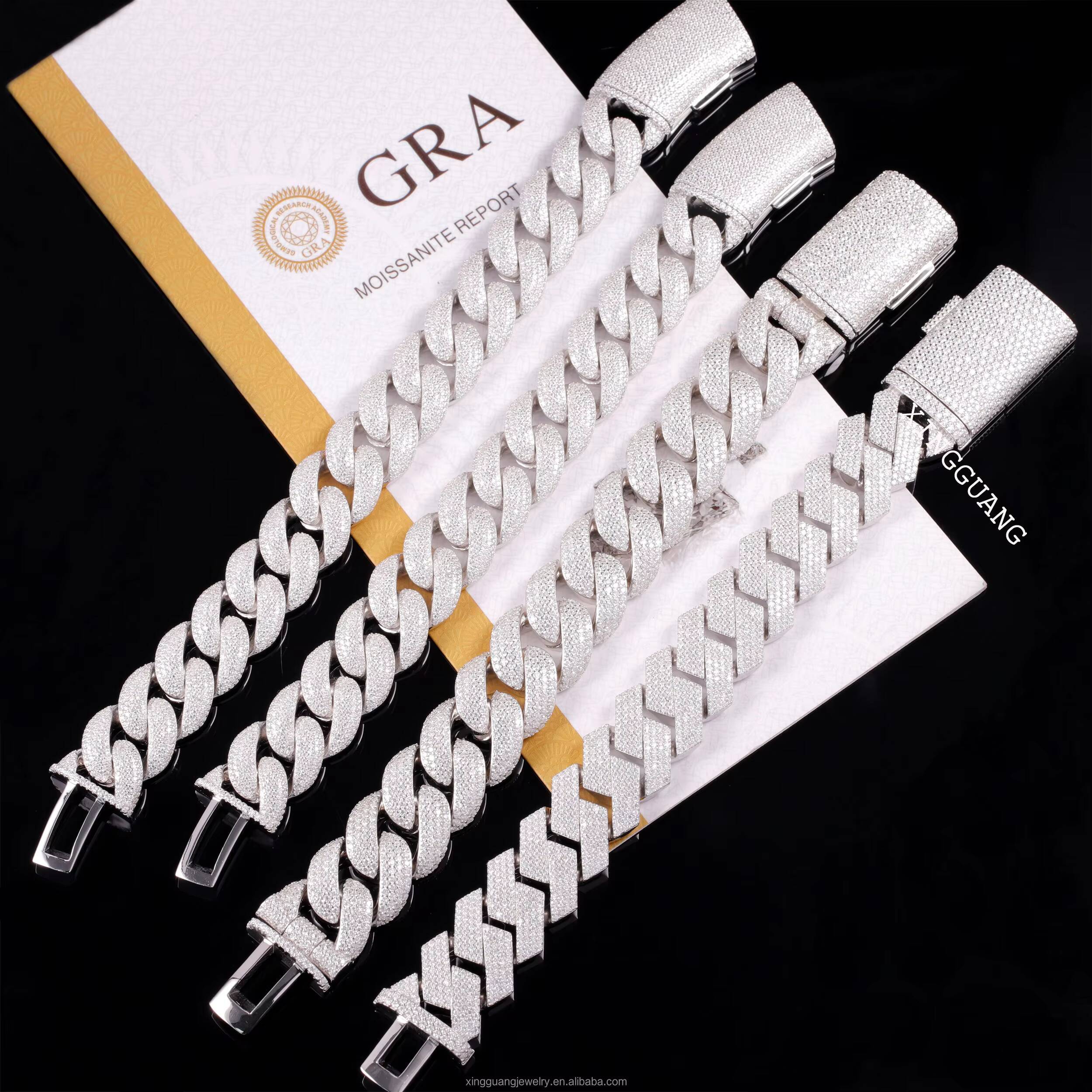 Fine Cuban Chain 20mm Width 234rows Iced Out VVS Moissanite Diamonds White Gold Plated Solid Silver Hip Hop Bracelet Jewelry