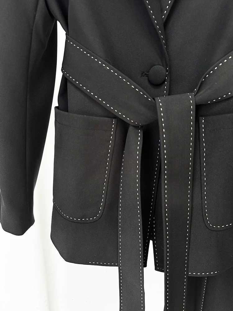 HIGH STREET Newest Fashion 2024 Designer Suit Set Womens Contrast Stitching Belted Blazer Pants Suit 2pcsT251022