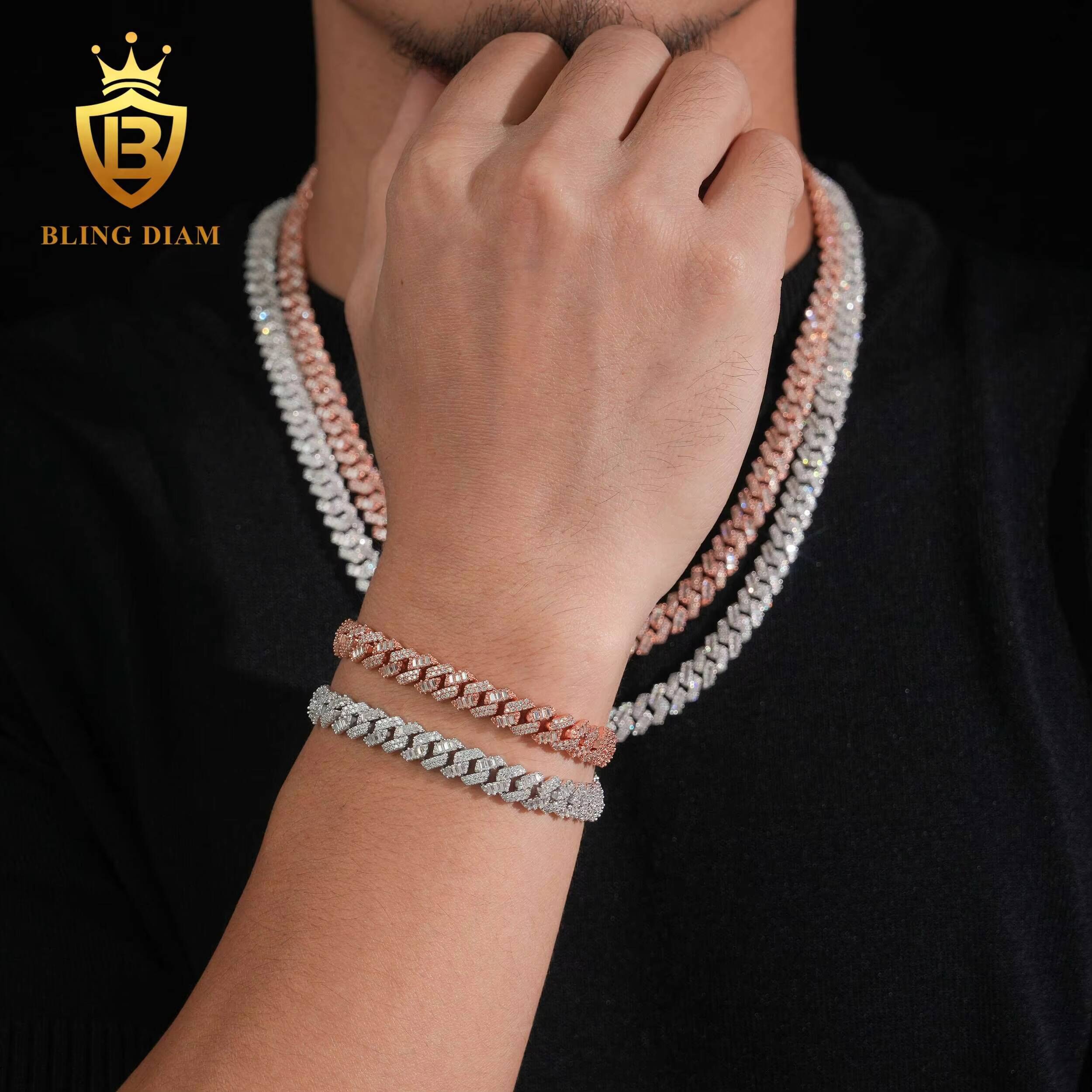 New Trendy Fine Jewelry 925 Sterling Silver Moissanite Diamond Iced Out 8mm Two Rows Hip Hop Moissanite Cuban Link Chain