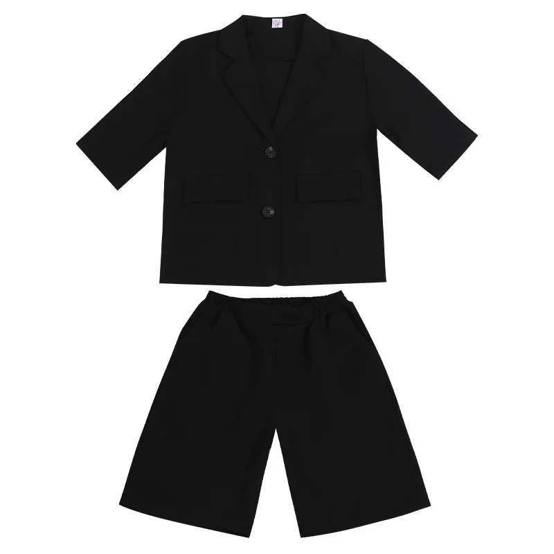 Boys Summer Suit Set Korean Style Black Short Sleeve Blazer Shorts Outfit 2Piece Casual Loose Formal Wear for Kids Age 38 Year 251021