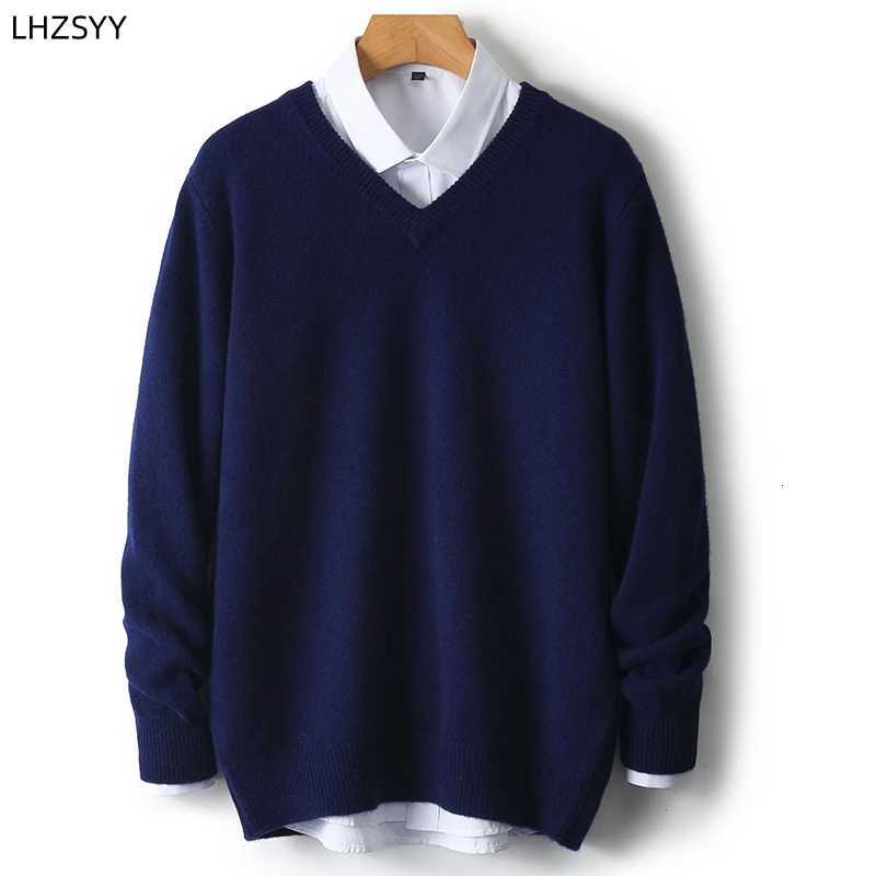 LHZSYY Mens VNeck Cashmere Sweater 23Autumn Winter New Thick Solid Pullovers Loose Knit Base Shirt Business Casual Jacket TopsXJ251022