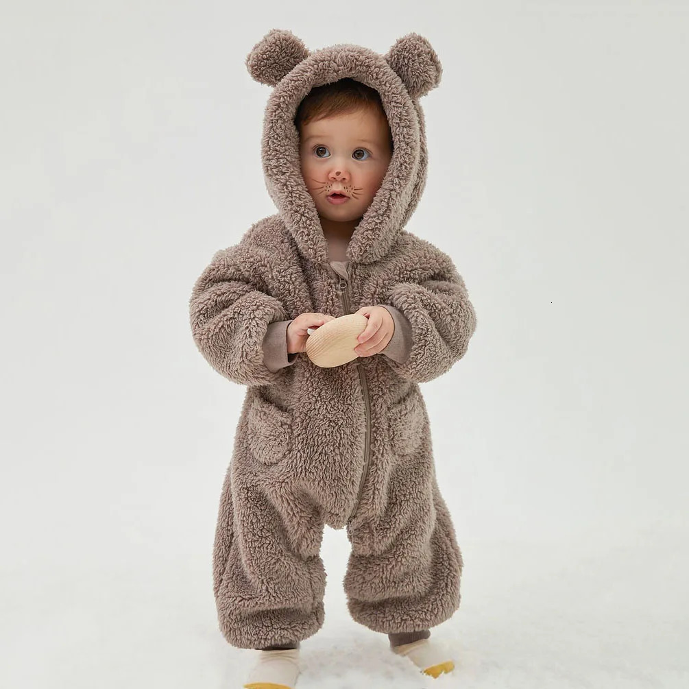 Warm Fleece Hooded Jumpsuits for Baby Autumn Winter Long Sleeve Infant Rompers born Boy Girl Homewear Pajamas 251022