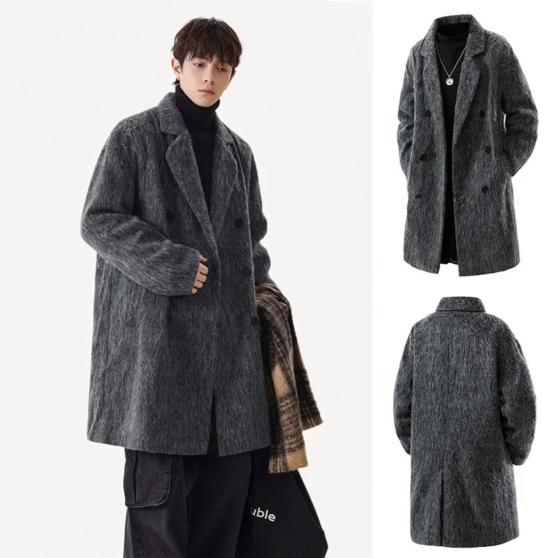 Autumn Winter Fleece Coat Midlength Gray Oversized Thickened Warm Cashmere Blends Men Doublebreasted Trend 251015
