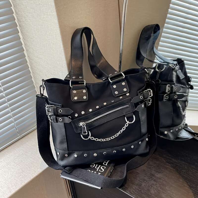 Punk Style Large-Capacity Handbag - Retro Solid Color With Rivet Embellishment, Adjustable Shoulder Strap, Nylon Material, Suitable Outdoor Daily Use,