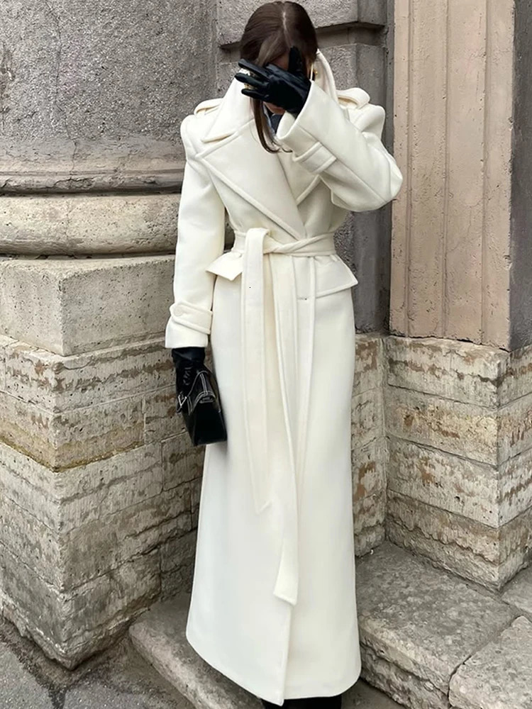 Elegant Solid Lace Up Overcoat Women Fashion Doublebreasted Wool Pockets Long Coats Autumn Winter High Street Outerwears 251020