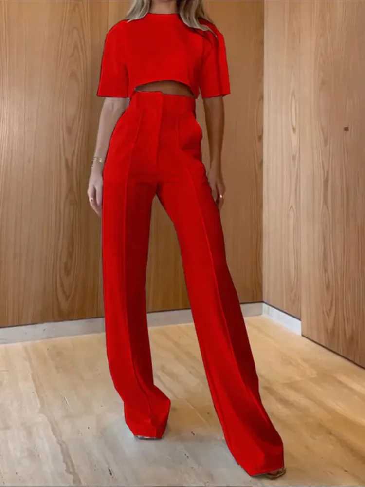 Fashion Solid Color Pants Sets Women O Neck Cropped Top High Waist Straight Trousers Two Piece Set Summer New Female StreetwearT251022