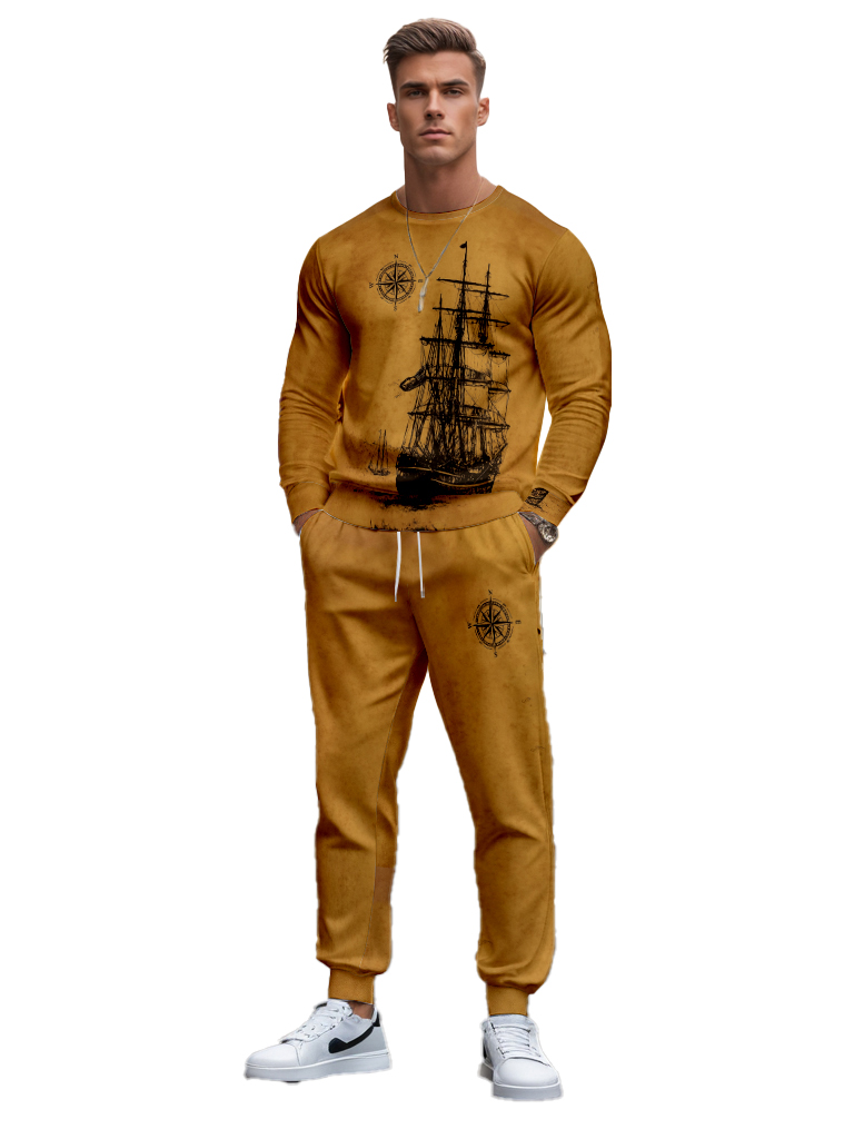 Men's Ankle-Length Knitted Cotton Blend Long Sleeve Sweatshirt Brown round Neck Casual T-Shirt Comfortable Outdoor Wear - YLWY00116