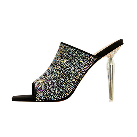 Chengdu Artisan Square Toe Crystal Heel Mule Sandals 11.5cm Stiletto Open Back Evening Shoes Black