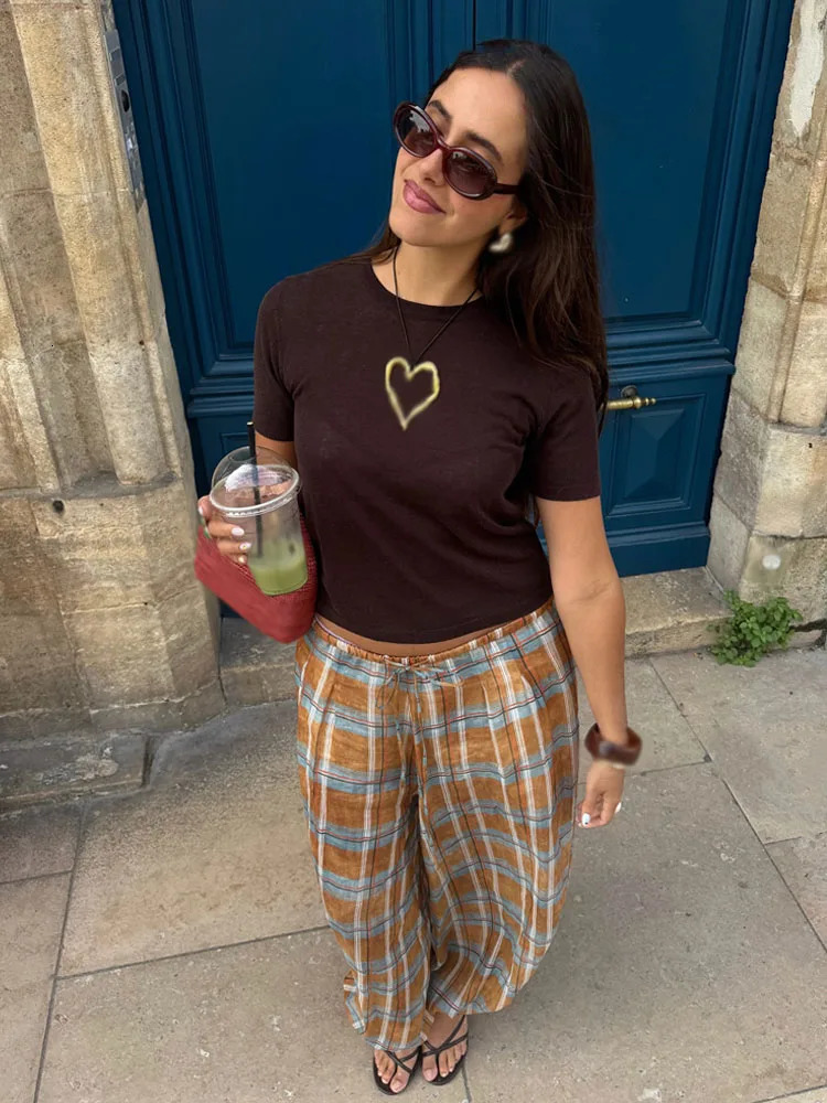 HH Women Autumn Ramie Bloomers Plaid Printed Loose Pants Female Fashion Versatile Drawstring Streetwear Casual Trousers 251016