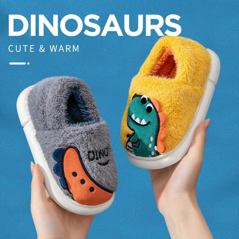 Kids Cartoon Dinosaur Embroidery Plush Slippers Soft Sole Nonslip Winter Warm Boys Girls Indoor Home Heel Wrap Cotton Shoes 251022