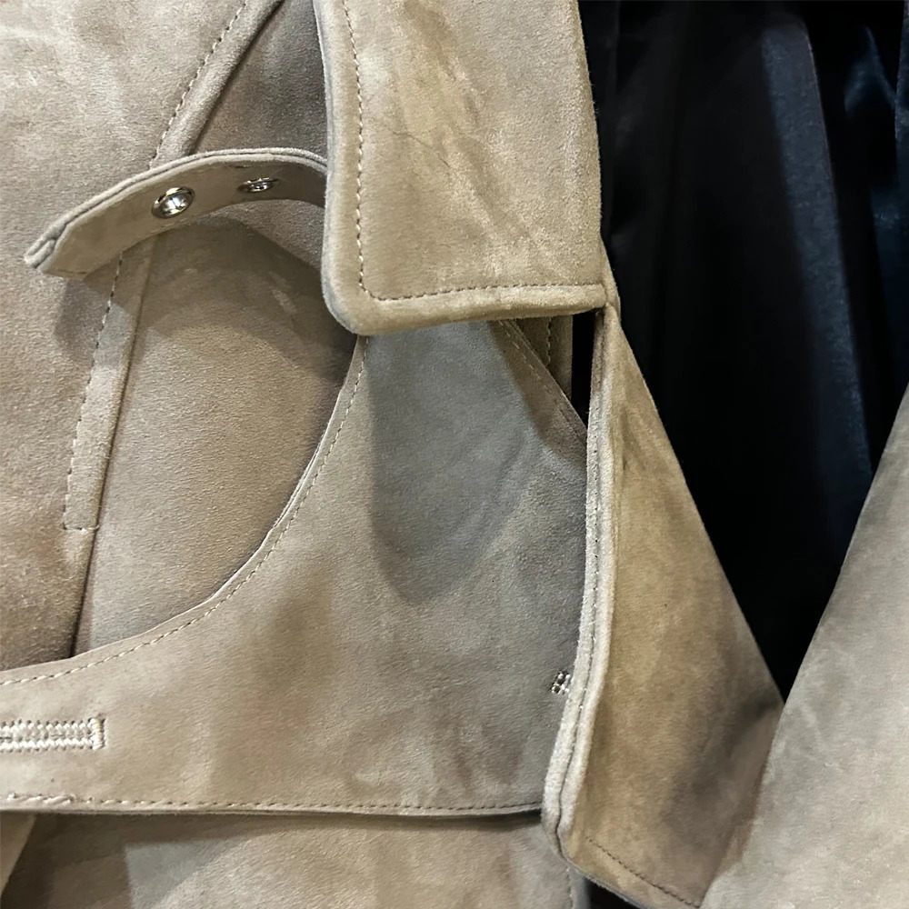 Light Gray Suede Leather Jacket Women Natural Sheepskin Padded Shoulder Jackets 251021