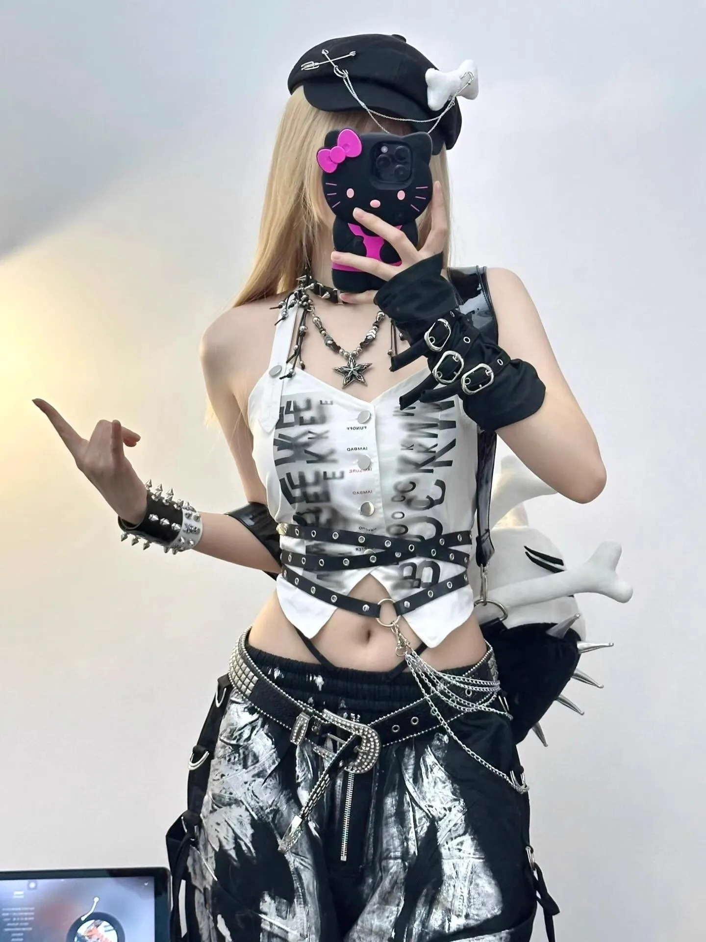 Y2K Grunge Silver Painted Cargo Pants Womens Gothic Drawstring Wide Leg Baggy Streetwear Trousers Female Punk Harajuku Bottoms 251017