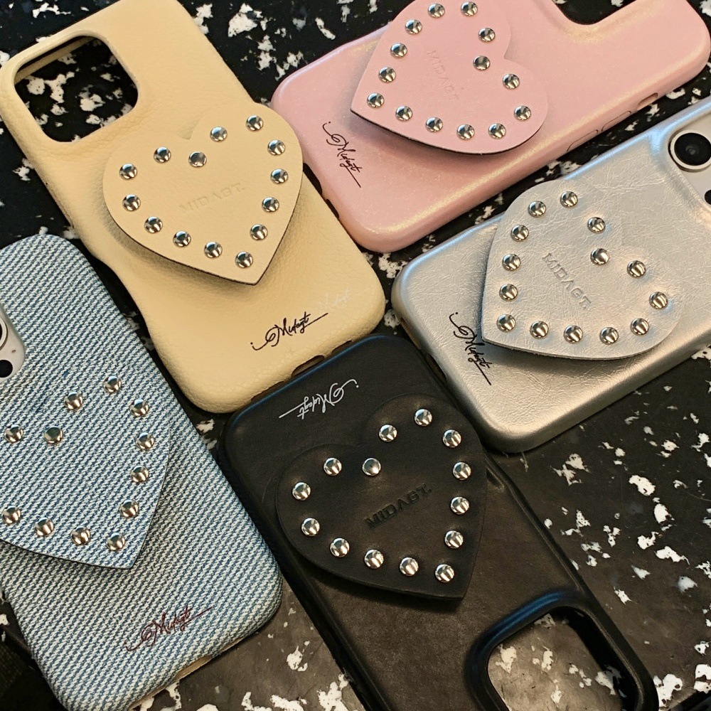 Niche Rivet Heart Stand Phone Case Compatible with iPhone 17 Pro Simple Solid Color iPhone 16/15 Protective Cover