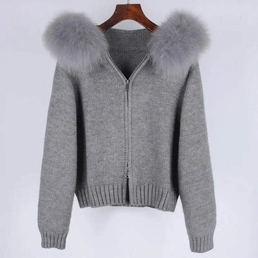 Fashion Autumn Winter Casual Hooded Fox Fur Collar Fashion Short Knitted Jacket with Natural Fur Coat for Women 251016