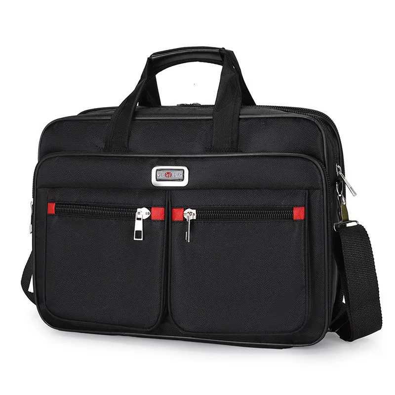Multifunctional Black Business Briefcase with Red Accents Large Capacity Laptop Bag for Mens Office and Travel Use W251022