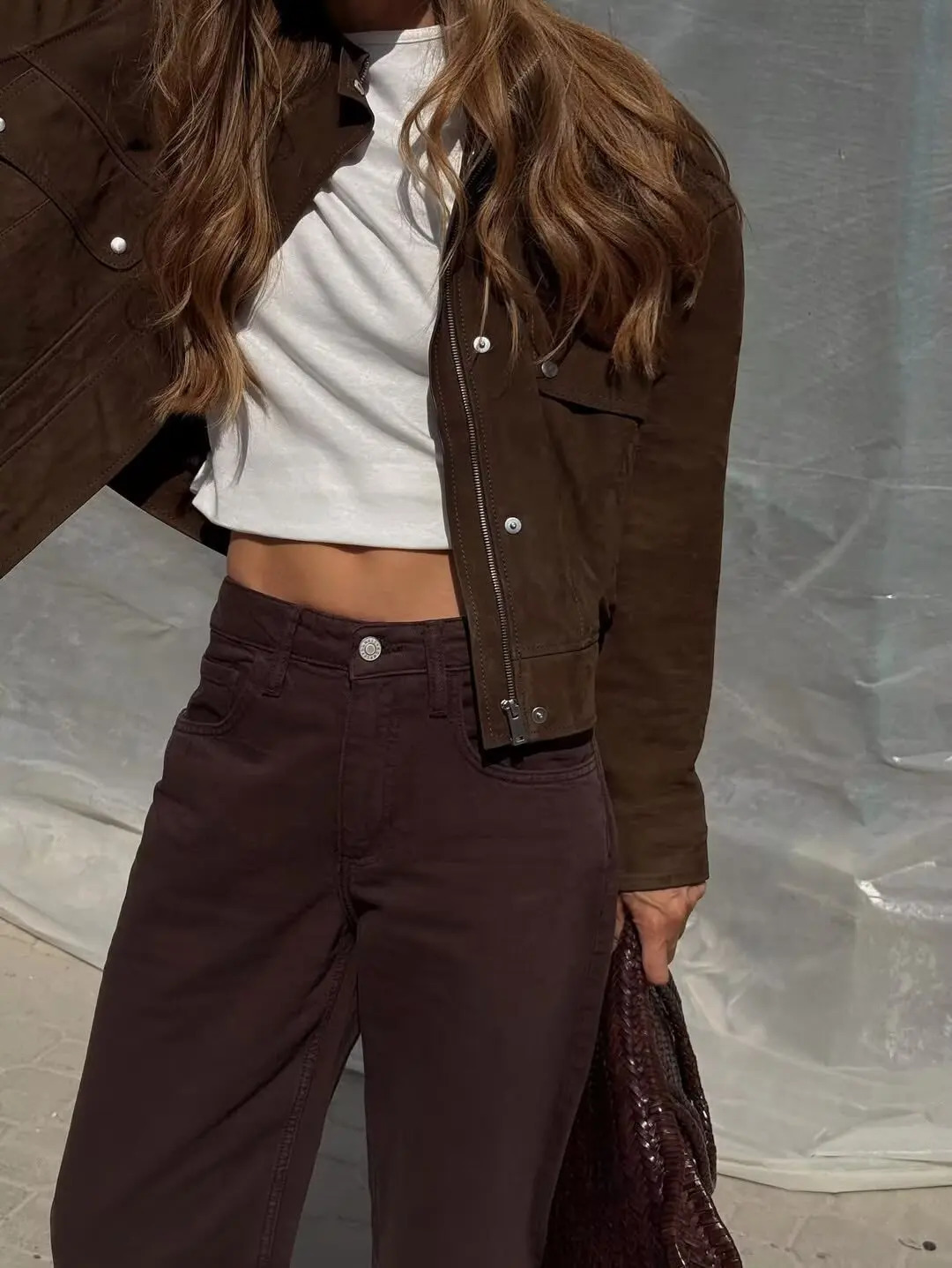 Tidalyf Women Faux Suede Jacket Stand Collar Long Sleeve Decorative Pockets Elastic Hem Casual Chic Autumn Winter Coat 251021