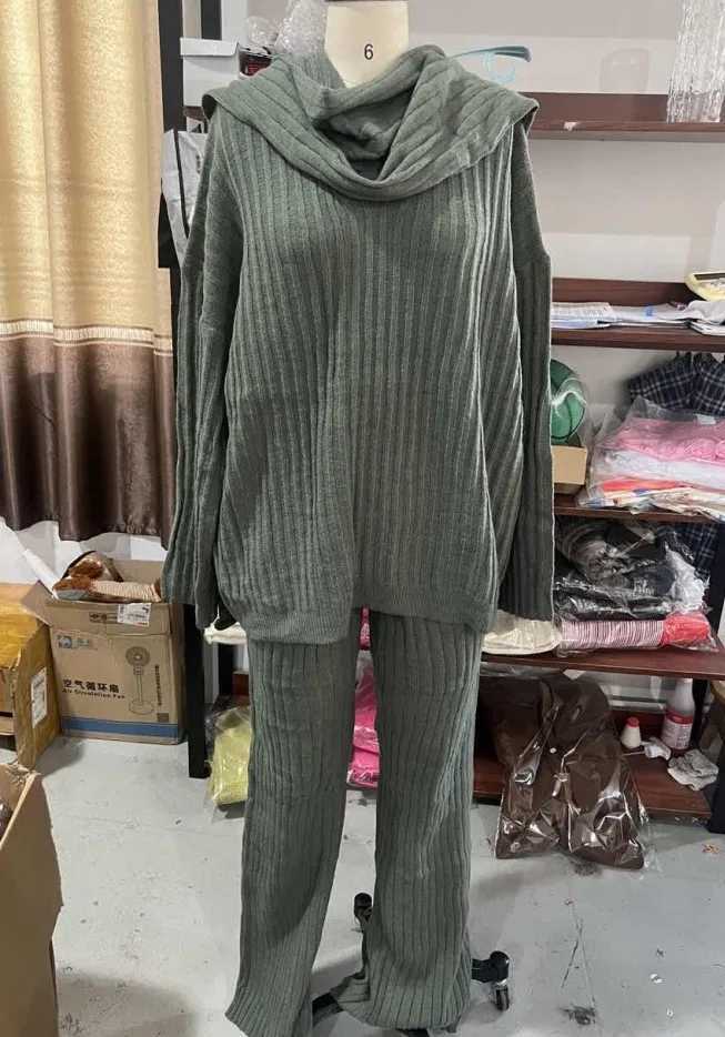 Women Tracksuit Knitted Sweaters Matching Sets Full Length Wide Leg Trousers V Neck Jumpers Three Pieces Scarf Casual SolidT251022