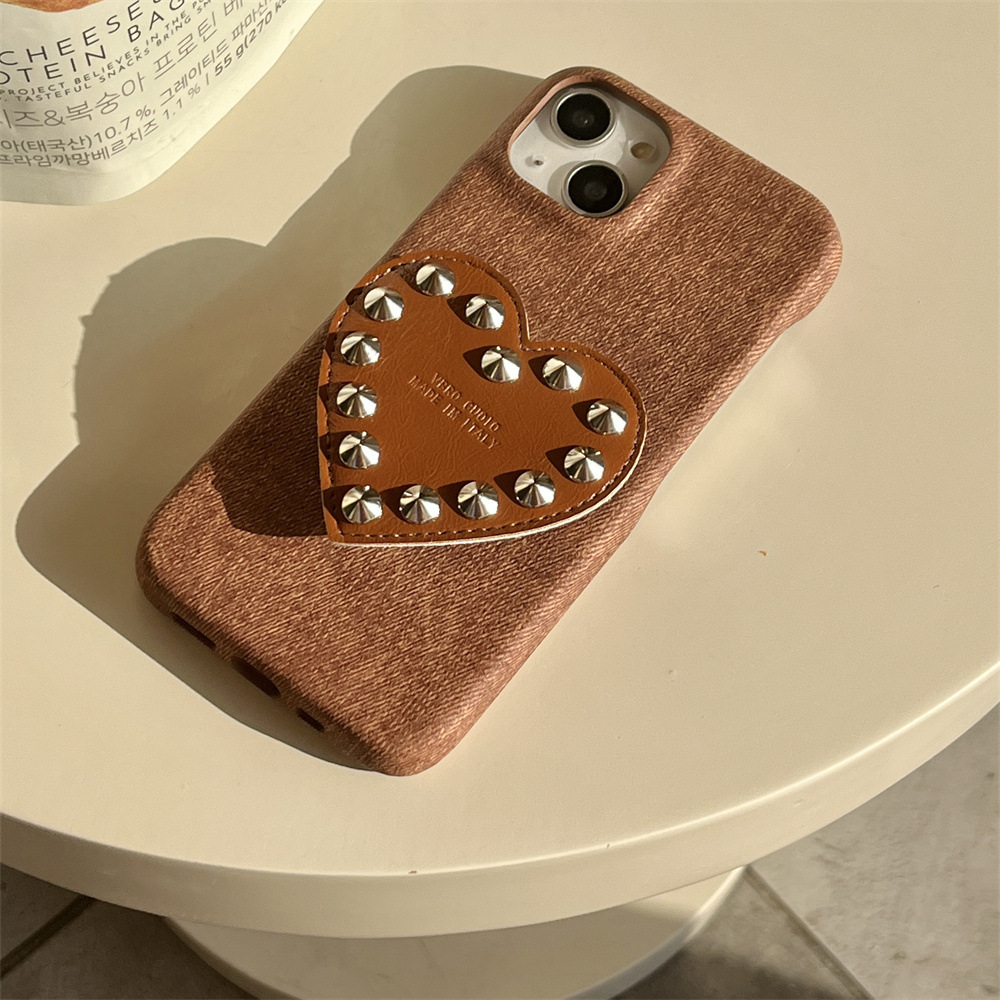 Cute Compatible with iPhone 17 Pro Max Case, Denim Leather Texture Rivet Heart Stand Phone Case Protection Soft Cases for Women Girls