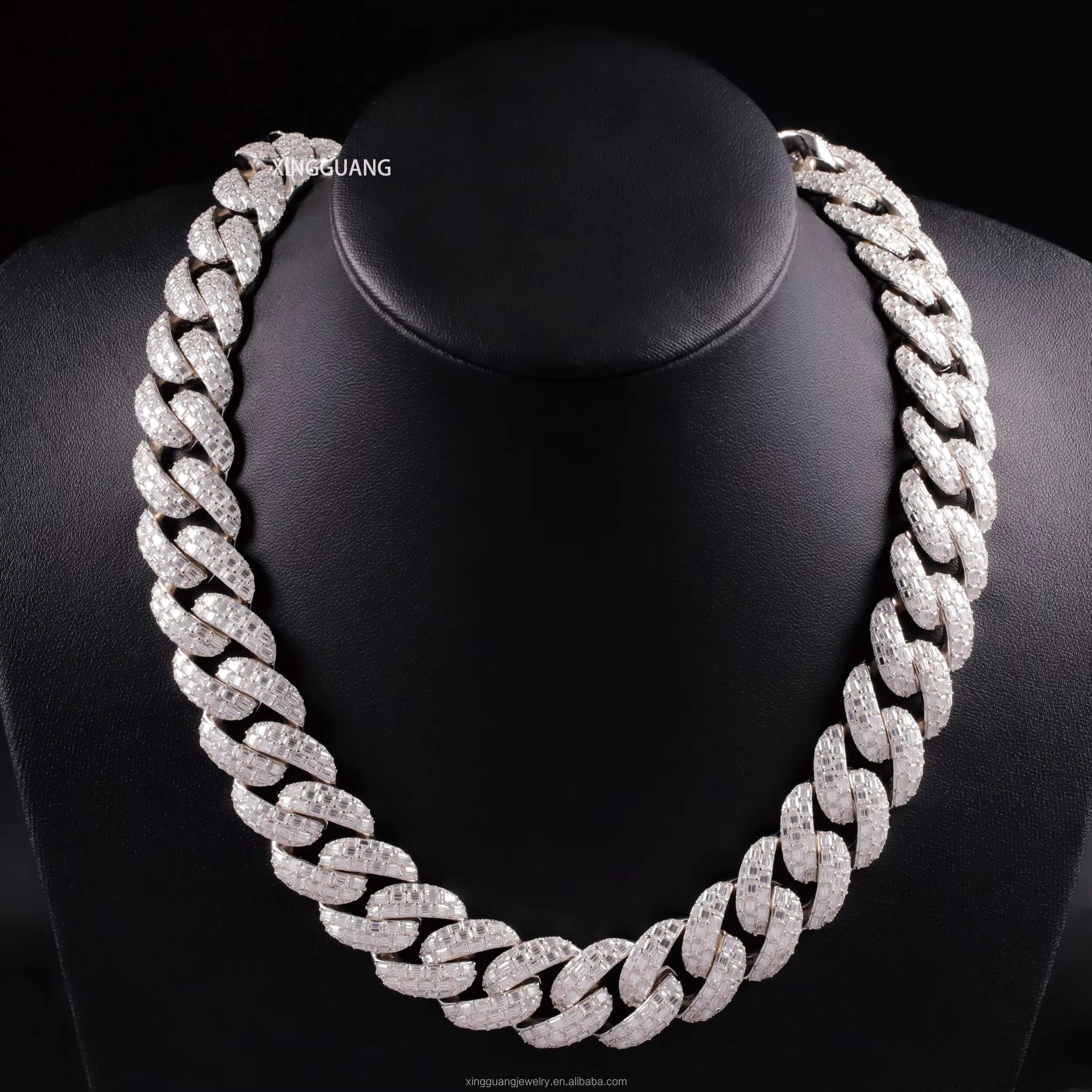 Customized Trend Baguette Moissanite Clasp Full Iced Out Cuban Lidynamic Chains 22MM 3 Rows 925 Silver Pass Diamond Test VVS Moissanite Chains