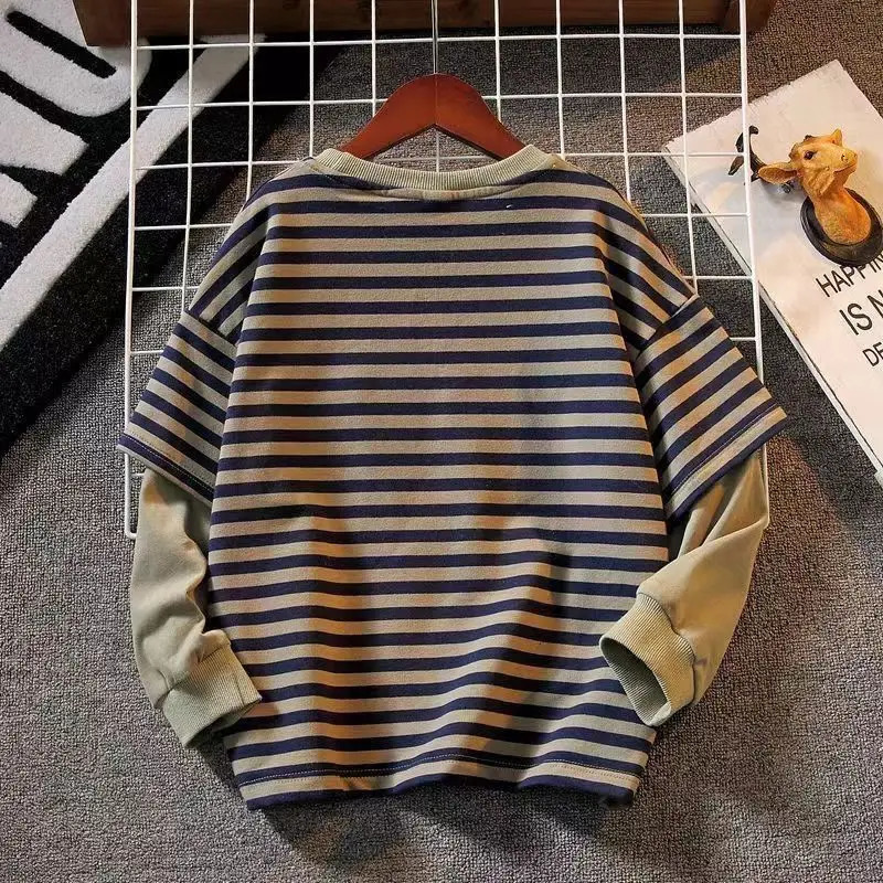 Kids Hoodies Spring 2025 Striped Patchwork Fashion Korean Casual Baggy Simple Style 251021