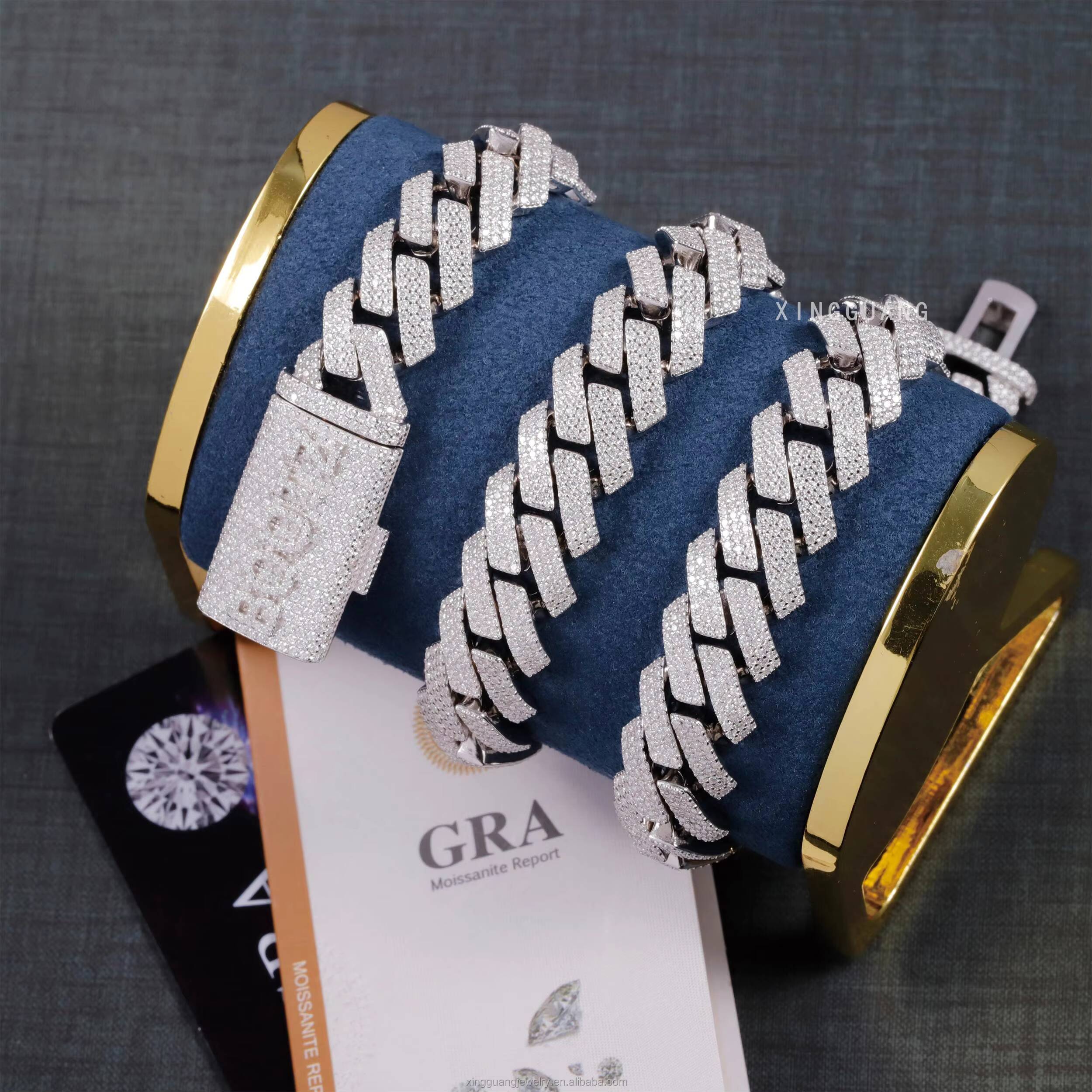 Hip Hop Iced Out 15mm Wide Necklace 3Rows Moissanite Diamond Sterling Silver Gold Plated Cuban Lidynamic Chain with GRA Certificate