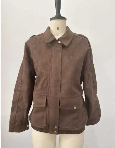 Autumn Womens Green Suede Short Jacket Loose Lapel Zipper Long Sleeve Bomber Coat Female 2025 New Lady High Street Outwears1 Y251105