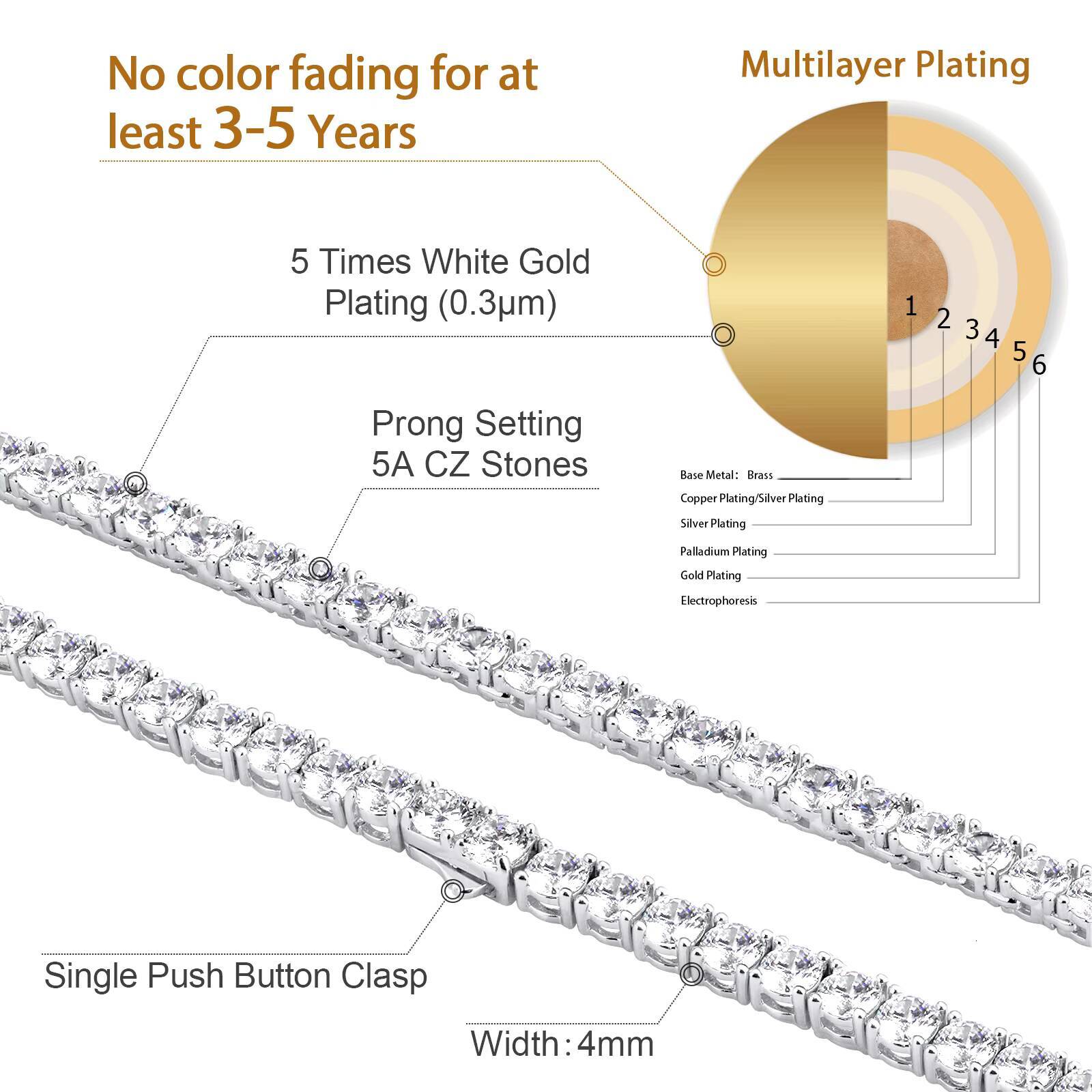 4mm Round Cubic Zirconia Tennis Chain Real 14K White Gold Plated Iced Out Hip Hop Bling Jewelry Womens Diamond Choker Necklace