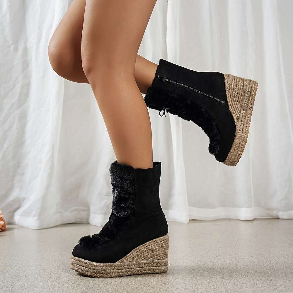 1Pr Women's Fashion Linen Wedge Platform Boots With Faux Fur Trim, Casual Solid Color Zip-Up Pointed Toe Ankle Booties For All Seasons, TPR Sole 