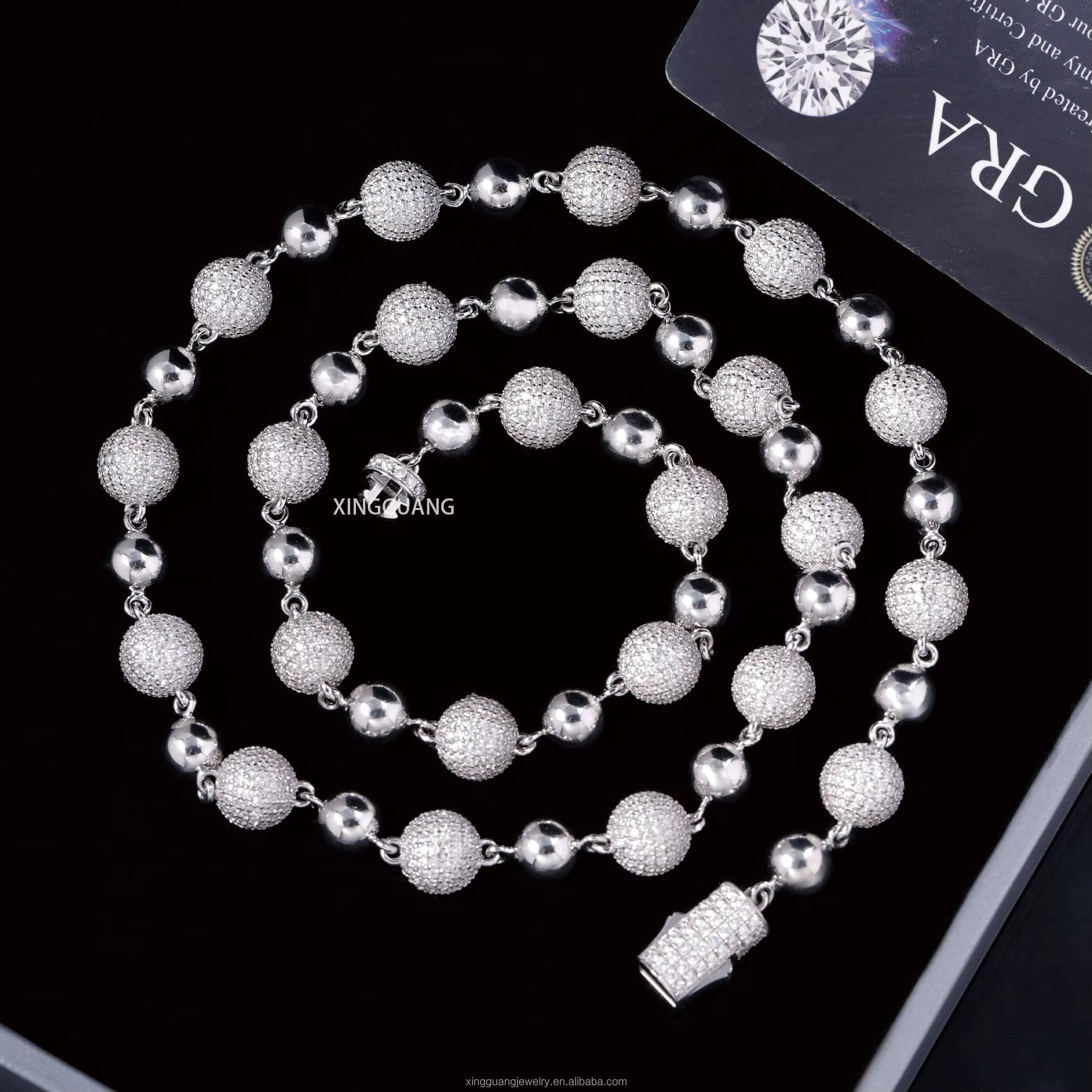 Yu Ying 925 Sterling Silver Cuban Chain 10mm Width Moissanite Diamond Ball Shape Hip Hop Necklace Cuban Lidynamic Chain