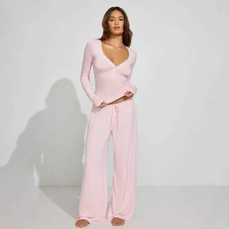 Blifanbo Casual Long Pants Set Two Pieces Set For Women Autumn V Neck Long Sleeve Slim Top And Laceup Long Pants Matching SetT251022