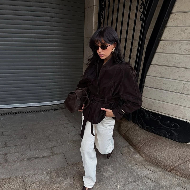 Fashion Dark Color Suede Fabric Stand Up Collar Jacket Women Causal Waist Cinched Broad Shoulder Coat Autumn High Street Outwear 251020