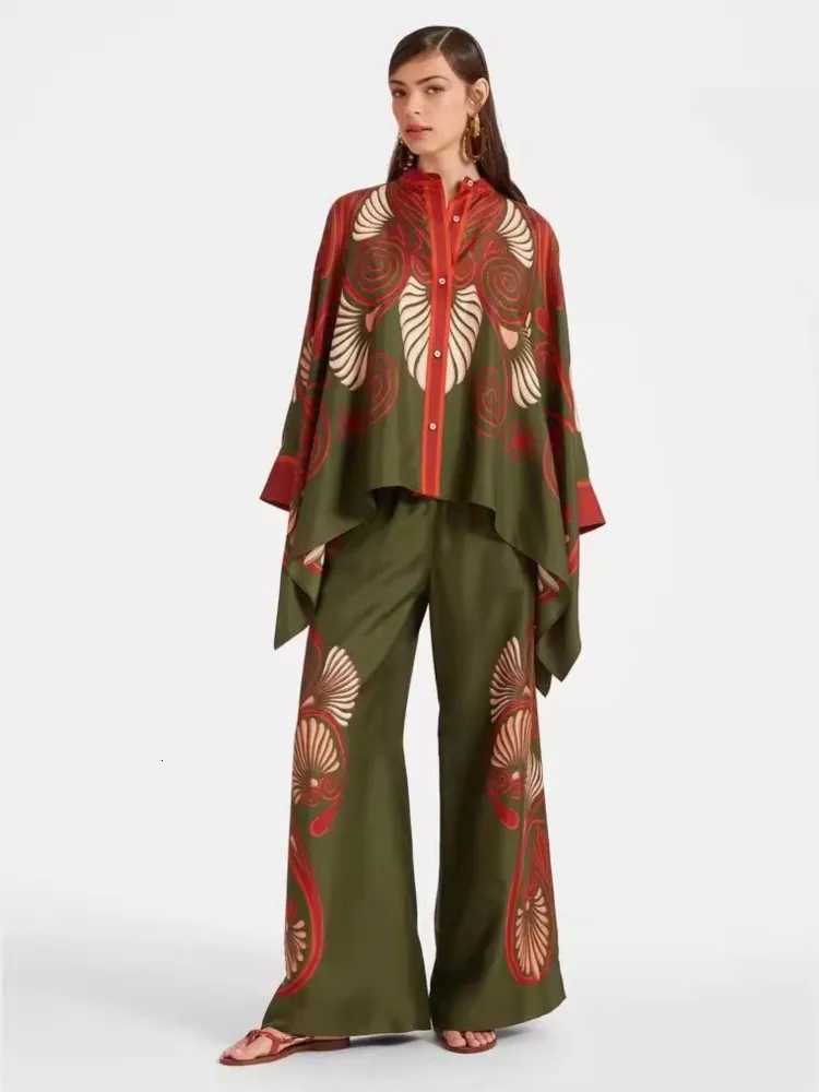 Vintage Print Pants Sets Women Irregular Loose Long Sleeve Shirt Wide Leg Trousers Two Piece Set Female Fashion Trend StreetwearT251022