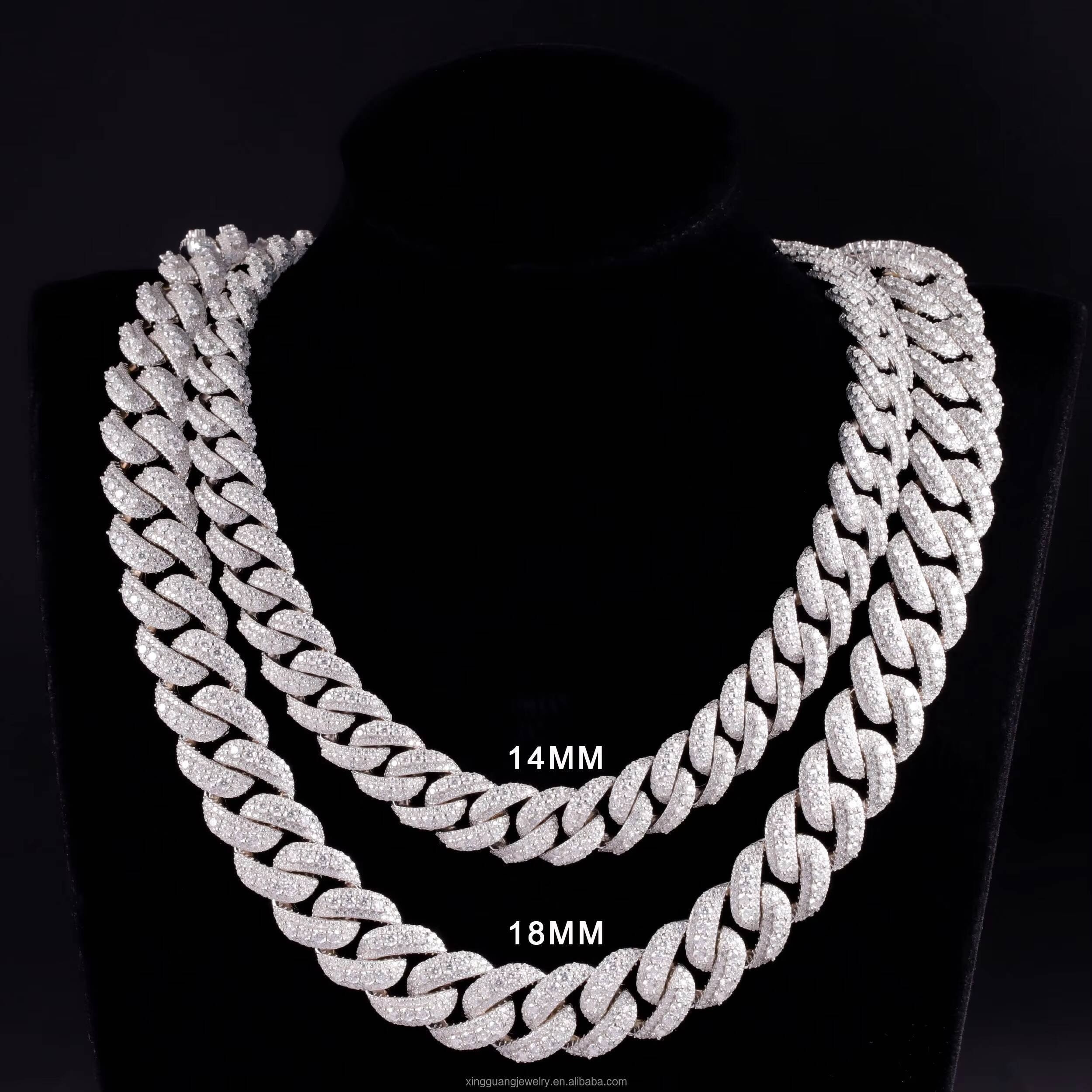 Handmade Jewelry 14mm 18mm 3row Hip Hop Necklace Cuban Chain 925 Sterling Silver with Round Brilliant Cut Moissanite Cuban Chain