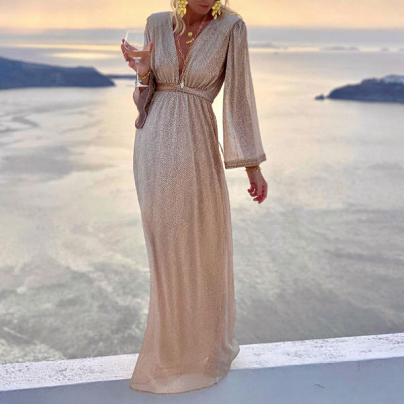 European and American designers fashion hot foreign trade women's clothing spot fashion apricot V-neck long sleeved sequined dress