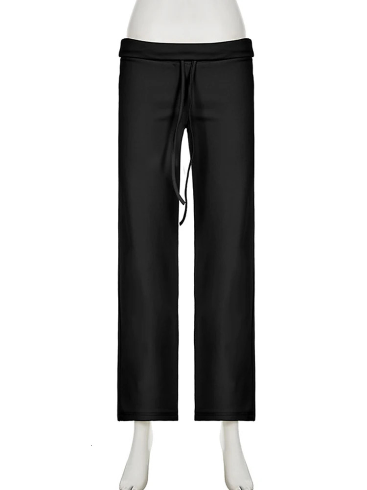 Casual Solid Basic Pants Y2K Chic Floor Length Bottoms Vintage Aesthetic Mid Waist Drawstring Straight Trousers 251022