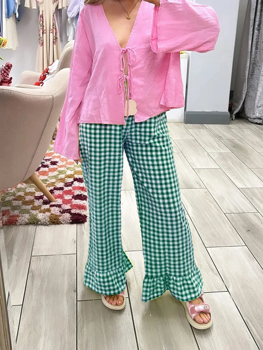 Fashion Plaid Flared Pants Women y2k Vintage Ruffle Hem Pleated High Waist Pants Summer Straight Leg Holiday Trousers 251016
