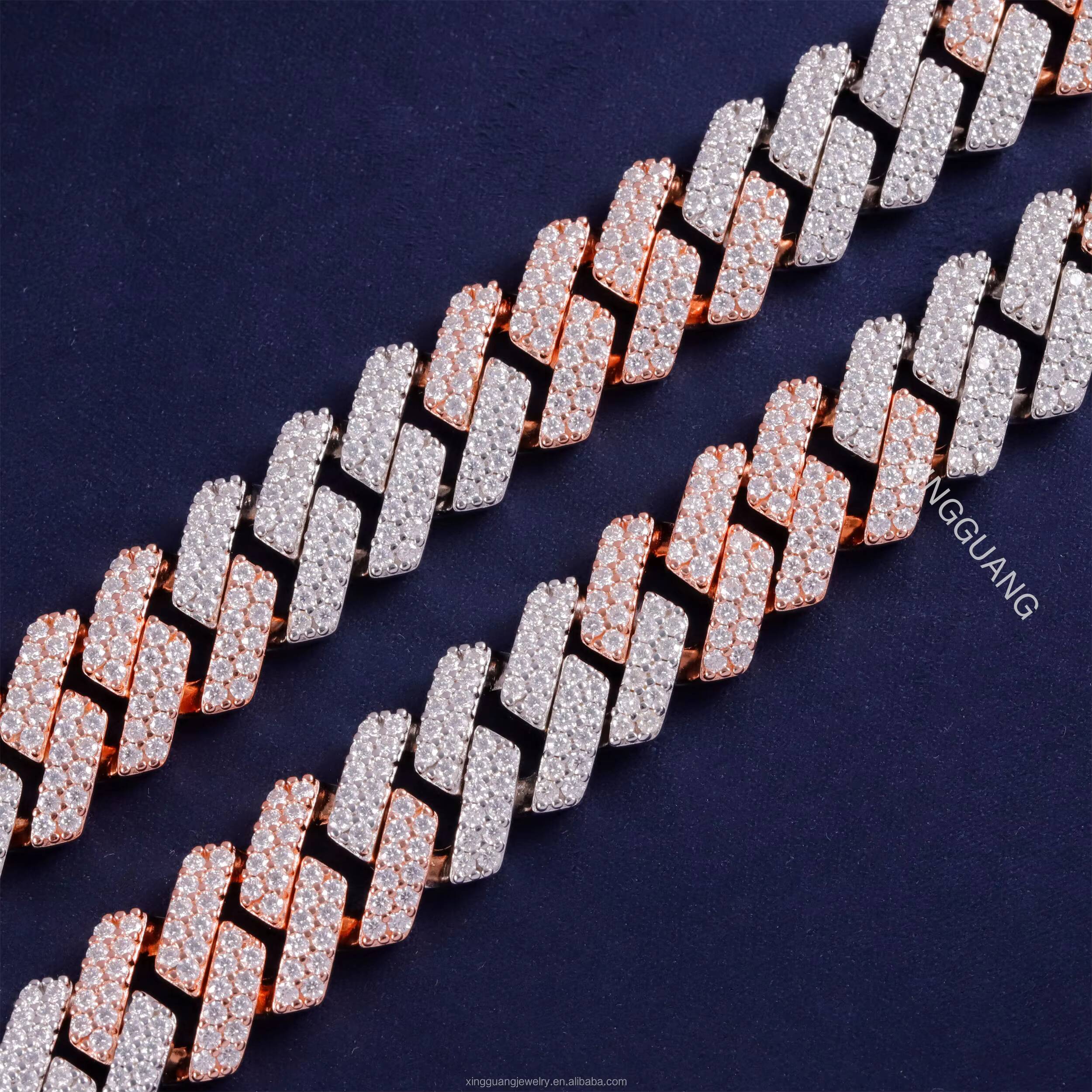 Customized Trend Two Tone Necklace 925 Silver Gold Plated Moissanite Cuban Chain Hip Hop Jewelry 15MM Wide VVS Moissanite Cuban Lidynamic Chain