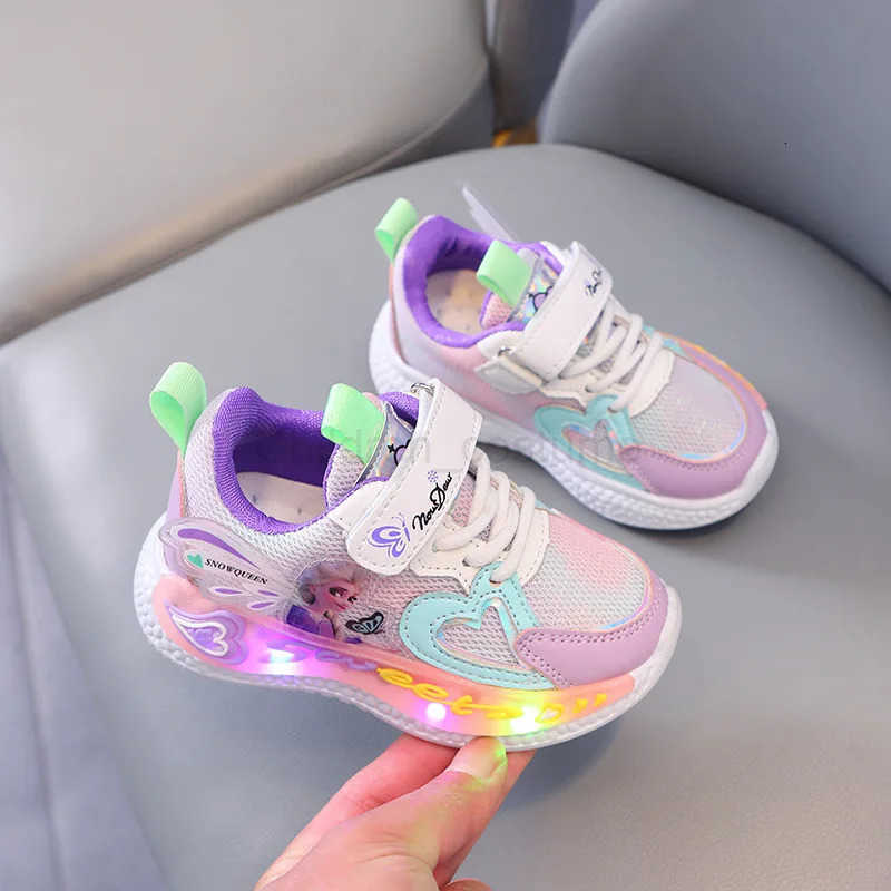 Disney Children Led Shoes Kids Girls Sneakers Frozen Elsa Princess Lighting Shoes Pink Purple Casual Sports Shoes Size 2131 H2510221