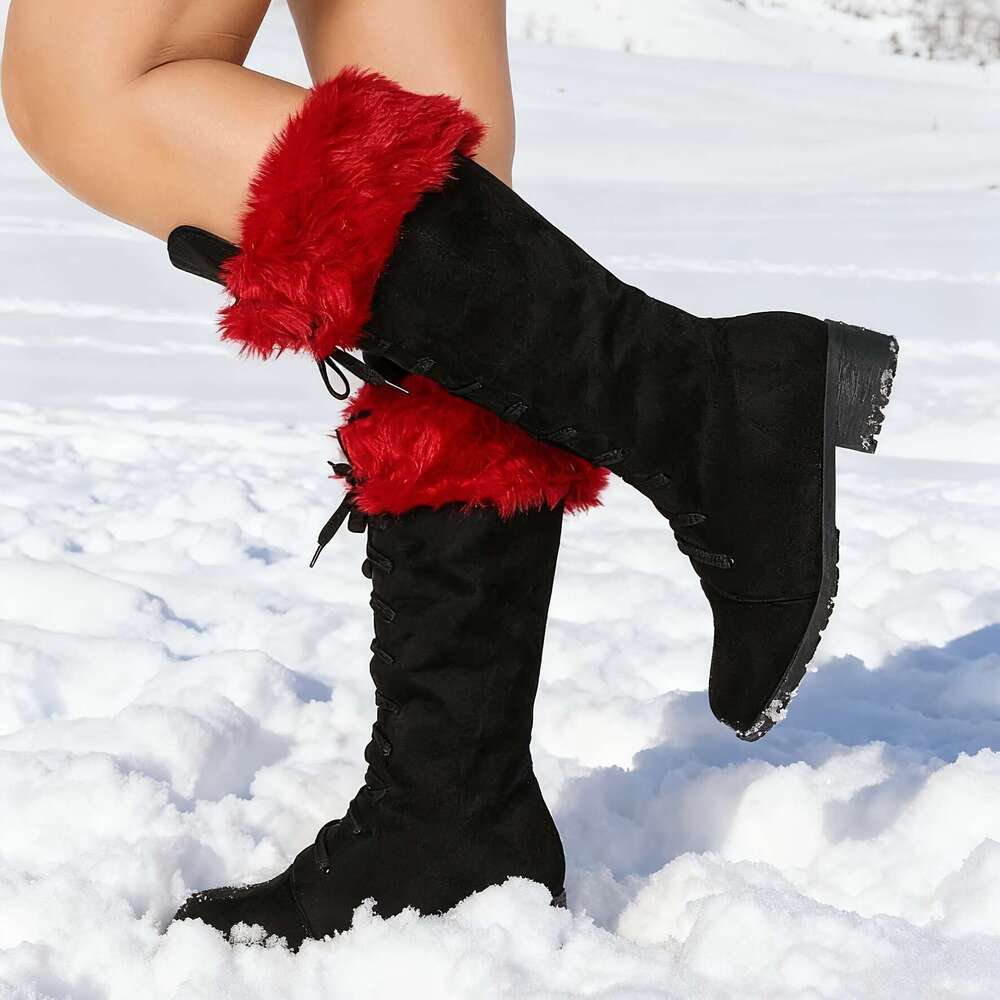 Women's Thick Platform Heel, Slip-Resistant Rubber Sole, Lace-Up Ankle For Cold Weather, Motorcycle Riding, Everyday & Formal Events Red/Black/ -