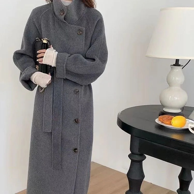 Women dark grey black stand collar 100 woolen double sided coat long length loose soft warm outerwear overcoat autumn winter 251020