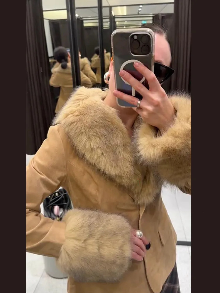 Stylish Faux Fur Patchwork Jacket Women Solid Lapel Long Sleeve Button Pocket Female Coat 2025 Autumn Winter Casual Lady Outwear 251022