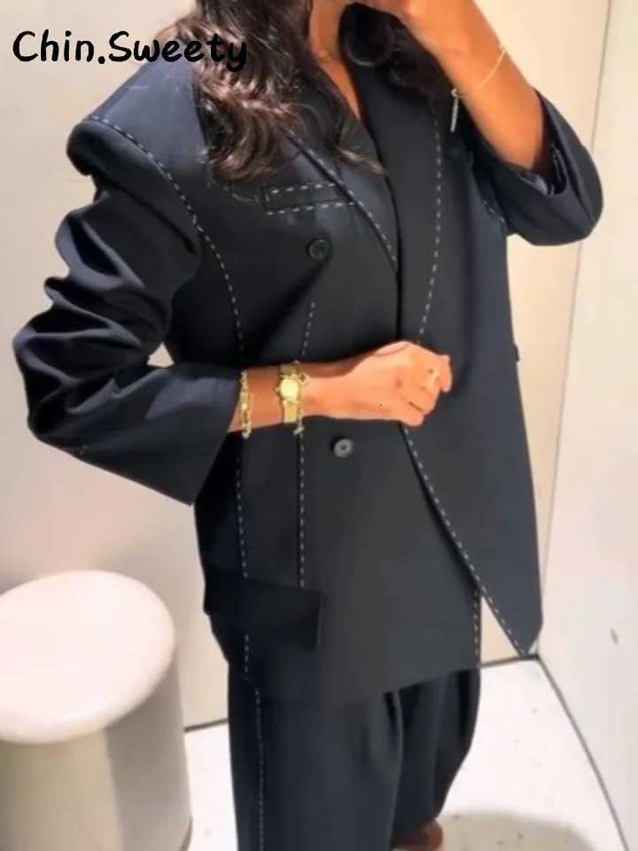 Casual Double Breasted Line Suit Pants Sets Women Lapel Full Sleeve Pocket Jacket Straight Trousers 2025 Autumn Winter Lady SetT251022