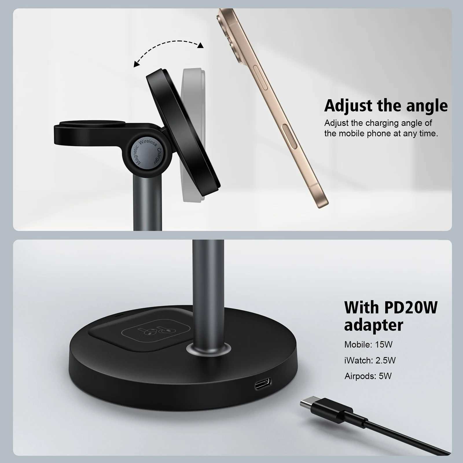3 In 1 Magnetic Wireless Charger Adjustable Stand For iPhone 16 15 14 13 Pro Max iWatch 10 9 8 AirPods Pro Fast Charging Station J251114