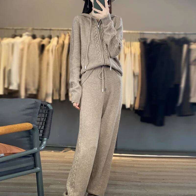 Women's Pure Cashmere Hooded Cardigan 2-Piece Set With Twisted Flower Design Loose Sweater And Wide-Leg Pants Wool Blend 251022
