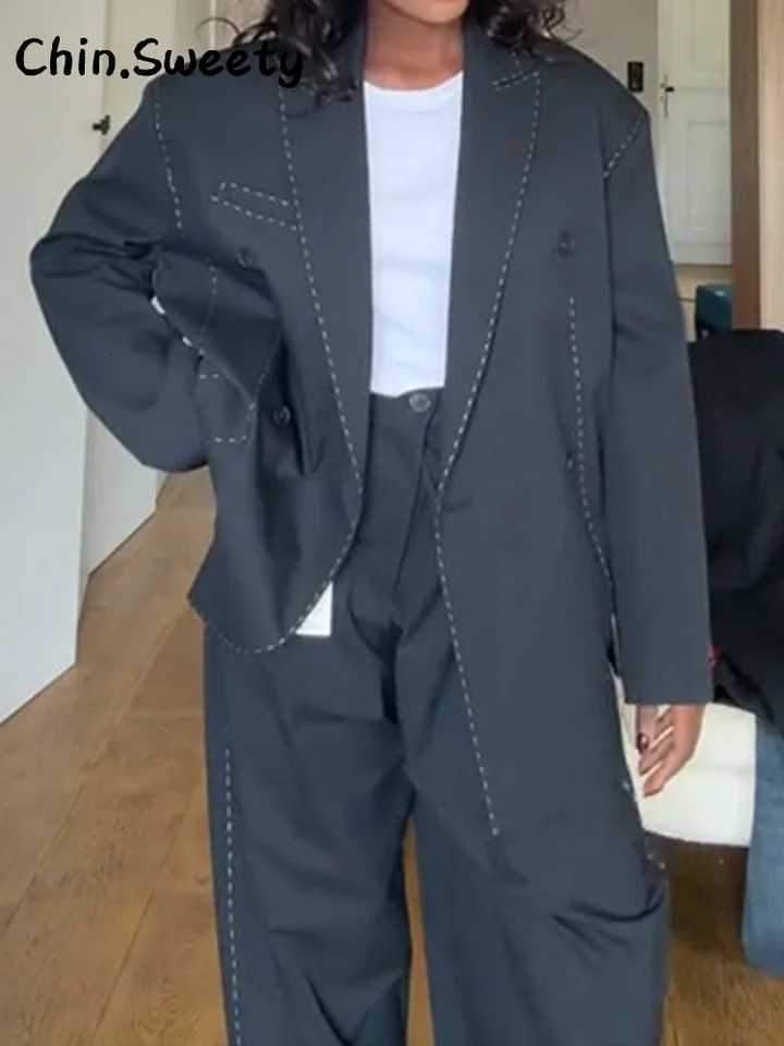 Casual Double Breasted Line Suit Pants Sets Women Lapel Full Sleeve Pocket Jacket Straight Trousers 2025 Autumn Winter Lady SetT251022