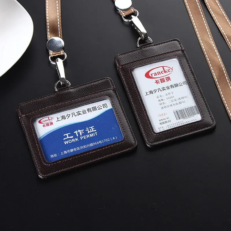 ID Holders Bank Credit Card Holder Unisex Genuine Leather Card Case Business Working Id Badge Name Tag Covers with Lanyard 251023