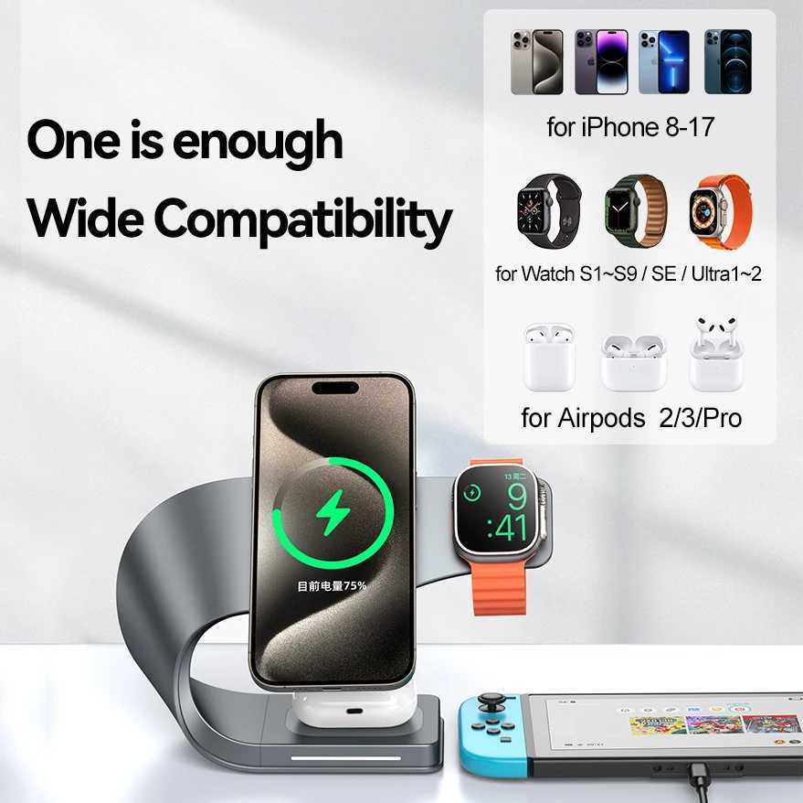 4 in 1 Wireless Charger Metal Shell Magnetic 15W Fast Charging Station Stand for iPhone 1217 Mobile Phones Airpods Watch J251114
